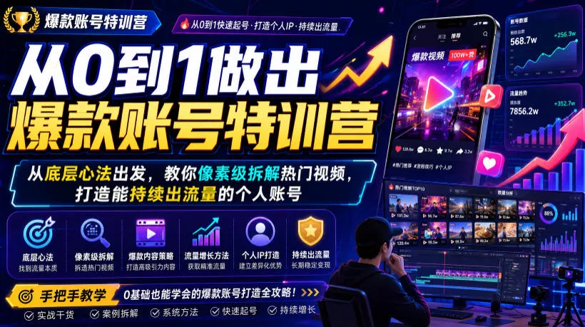 从0到1做出爆款账号特训营，从底层心法出发，教你像素级拆解热门视频，打造能持续出流量的个人账号 - 来及网络