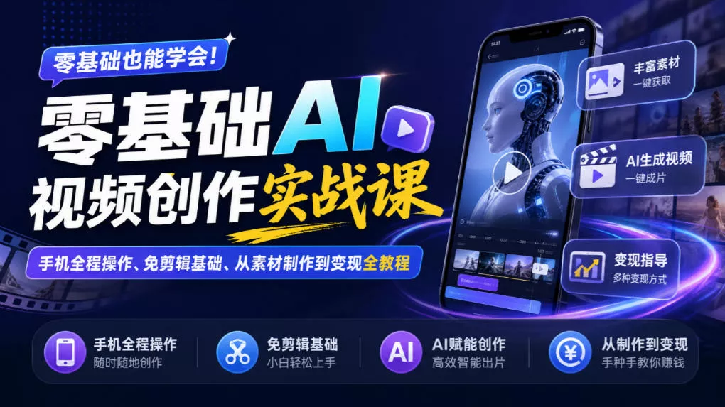 零基础AI视频创作实战课｜手机全程操作、免剪辑基础、从素材制作到变现全教程 - 来及网络