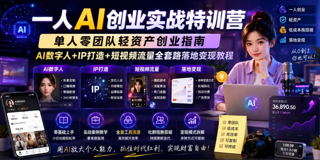一人AI创业实战特训营，单人零团队轻资产创业指南，AI数字人+IP打造+短视频流量全套路落地变现教程 - 来及网络