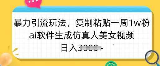 暴力引流玩法，复制粘贴一周1w粉，ai软件生成仿真人美女视频，日入多张 - 来及网络