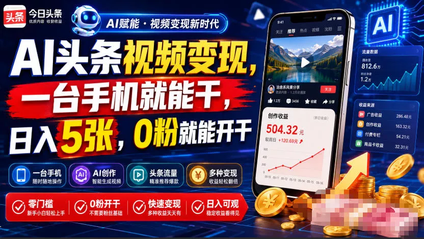 AI头条视频变现，一台手机就能干，日入5张，0粉就能开干 - 来及网络