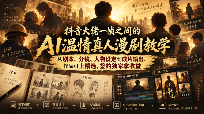 抖音大佬一帧之间的AI温情真人漫剧教学，从剧本、分镜、人物设定到成片输出，作品可上精选、签约独家拿收益 - 来及网络
