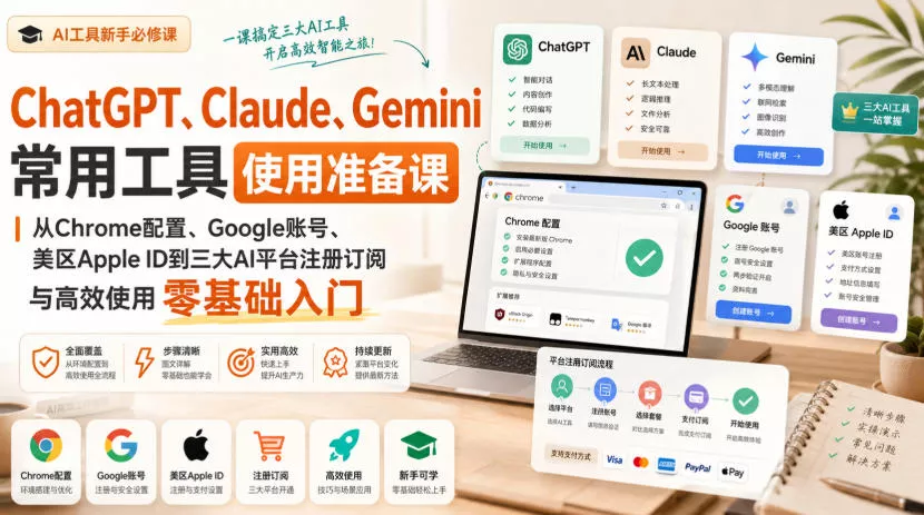 ChatGPT、Claude、Gemini常用工具使用准备课｜从Chrome配置、Google账号、美区Apple ID到三大AI平台注册订阅与高效使用零基础入门 - 来及网络
