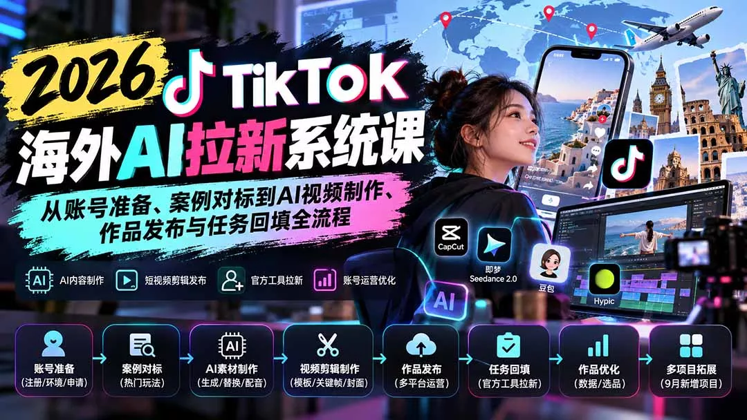 【无水印】2026 TikTok海外AI拉新系统课：从账号准备、案例对标到AI视频制作、作品发布与任务回填全流程 - 来及网络