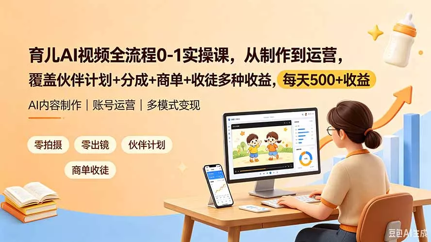 育儿AI视频全流程0-1实操课，从制作到运营，覆盖伙伴计划+分成+商单+收徒多种收益，每天500+收益 - 来及网络
