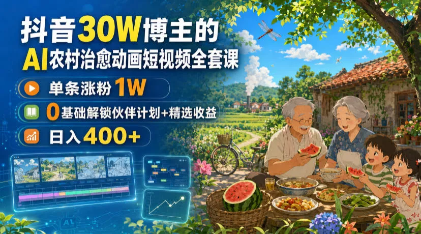 抖音30W博主的AI农村治愈动画短视频全套课｜单条涨粉1W，0基础解锁伙伴计划+精选收益，日入400+ - 来及网络