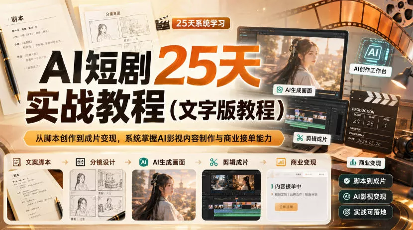 AI短剧25天实战教程(文字版教程)，从脚本创作到成片变现，系统掌握AI影视内容制作与商业接单能力 - 来及网络