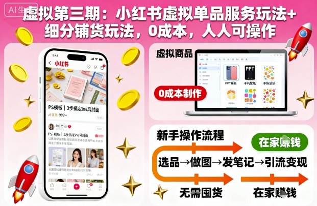 虚拟第三期：小红书虚拟单品服务玩法+细分铺货玩法，0成本，人人可操作(更新) - 来及网络