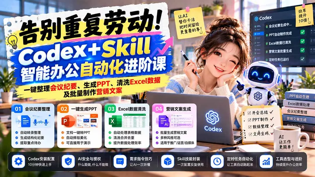 告别重复劳动！Codex+Skill智能办公自动化进阶课：一键整理会议纪要、生成PPT、清洗Excel数据及批量制作营销文案 - 来及网络