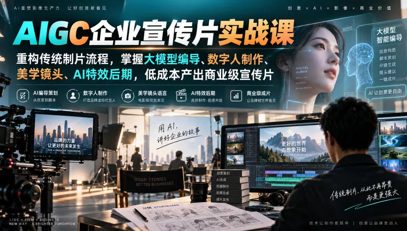 AIGC企业宣传片实战课，重构传统制片流程，掌握大模型编导、数字人制作、美学镜头、AI特效后期，低成本产出商业级宣传片 - 来及网络
