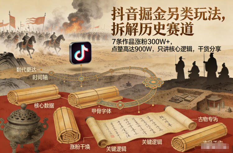 抖音掘金另类玩法，拆解历史赛道，7条作品涨粉300W+，点赞量高达900W，只讲核心逻辑，干货分享 - 来及网络