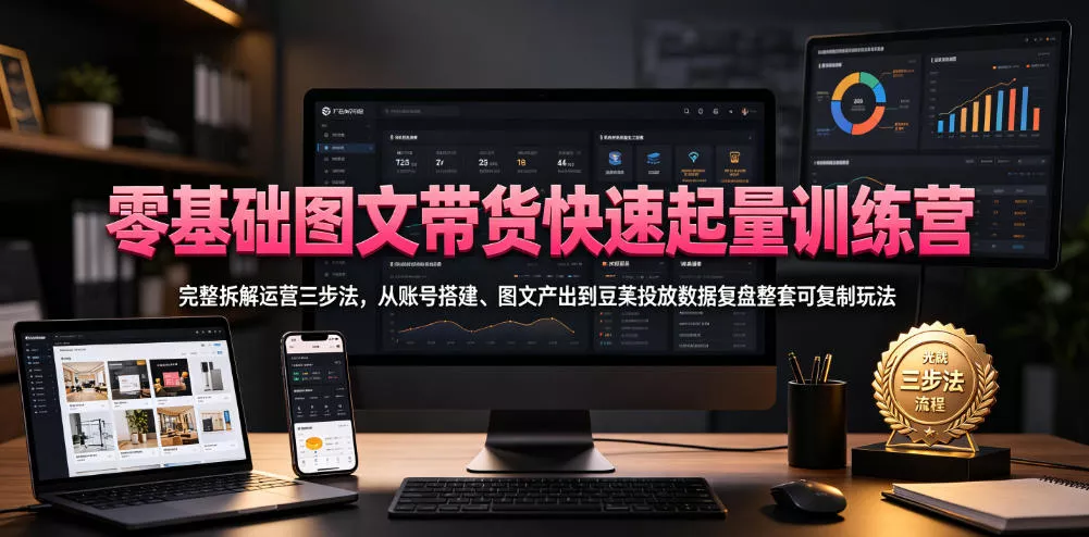 零基础图文带货快速起量训练营，完整拆解运营三步法，从账号搭建、图文产出到豆荚投放数据复盘整套可复制玩法 - 来及网络
