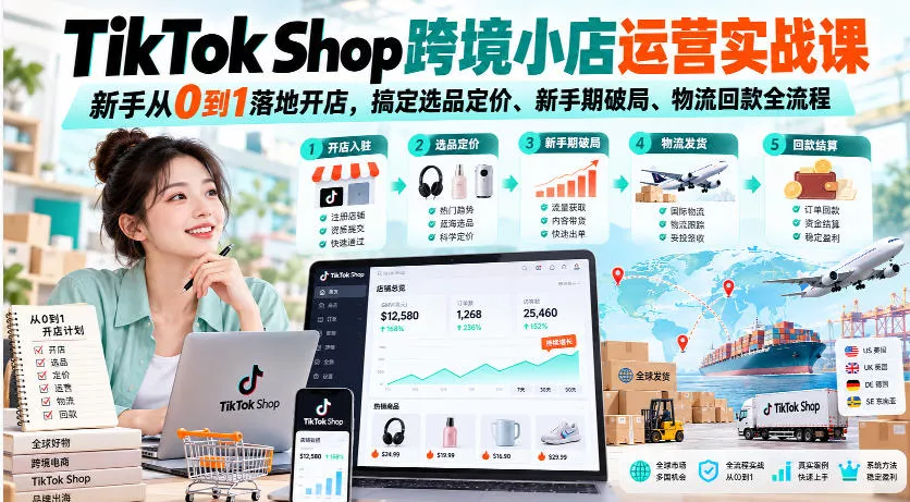 TikTok Shop跨境小店运营实战课，新手从0到1落地开店，搞定选品定价、新手期破局、物流回款全流程 - 来及网络