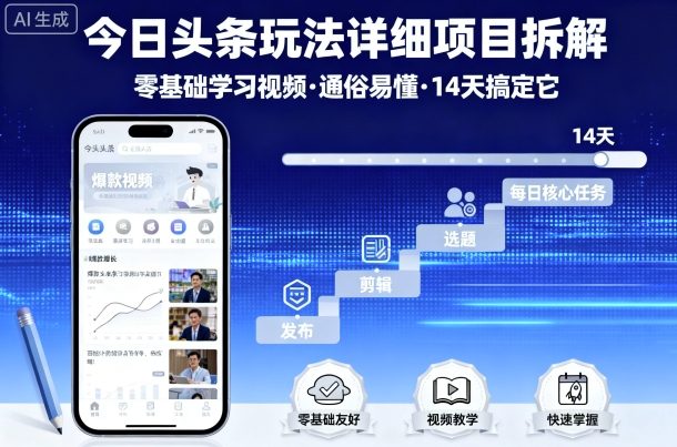 今日头条玩法详细项目拆解，零基础学习视频 通俗易懂 14天搞定它 - 来及网络