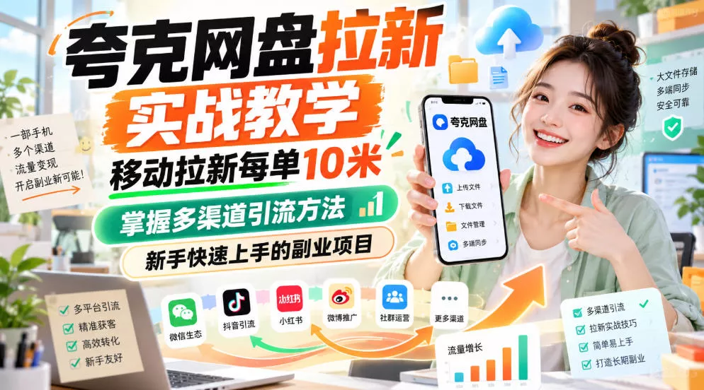 夸克网盘拉新实战教学，移动拉新每单10米，掌握多渠道引流方法，新手快速上手的副业项目 - 来及网络