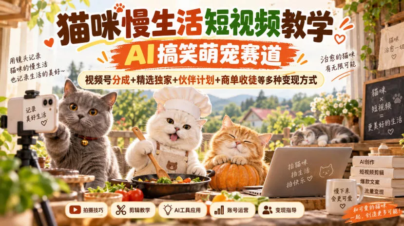 猫咪慢生活短视频教学，AI搞笑萌宠赛道，视频号分成+精选独家+伙伴计划+商单收徒等多种变现方式 - 来及网络