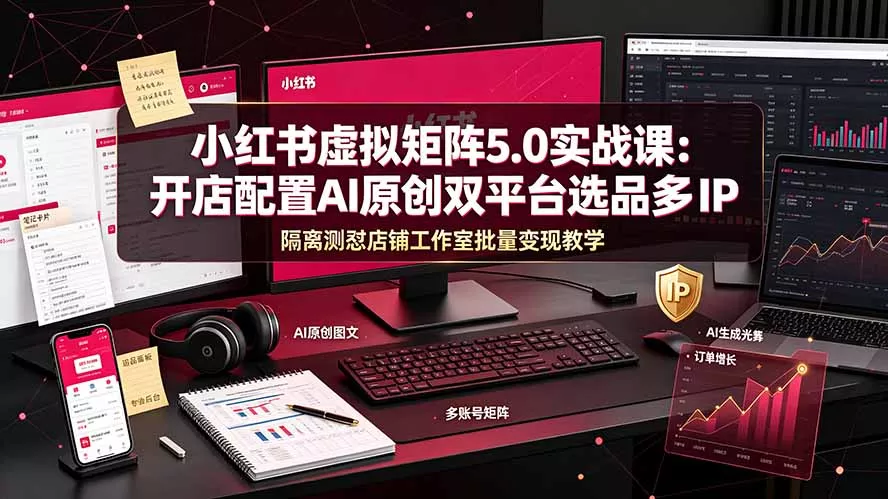 小红书虚拟矩阵5.0实战课：开店配置｜AI原创｜双平台选品｜多IP隔离｜测怼店铺工作室批量变现实操教学 - 来及网络