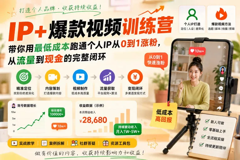 IP+爆款视频训练营，带你用最低成本跑通个人IP从0到1涨粉，从流量到现金的完整闭环 - 来及网络
