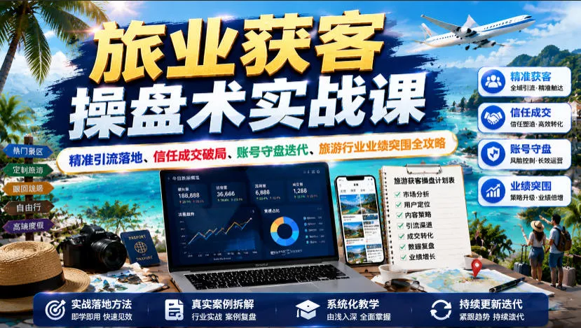 旅业获客操盘术实战课｜精准引流落地、信任成交破局、账号守盘迭代、旅游行业业绩突围全攻略 - 来及网络