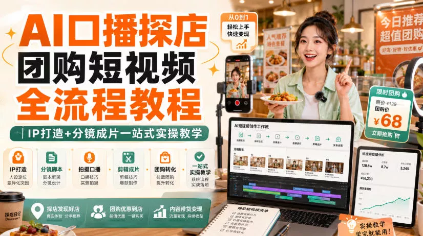 AI口播探店团购短视频全流程教程｜IP打造+分镜成片一站式实操教学 - 来及网络
