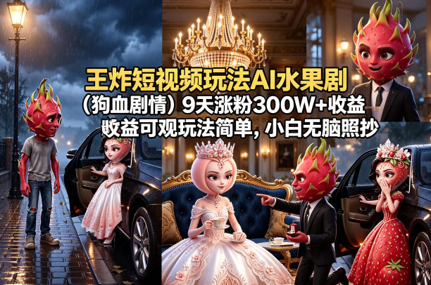 王炸短视频玩法AI水果剧(狗血剧情)9天涨粉300W+收益可观玩法简单，小白无脑照抄，详细拆解玩法 - 来及网络