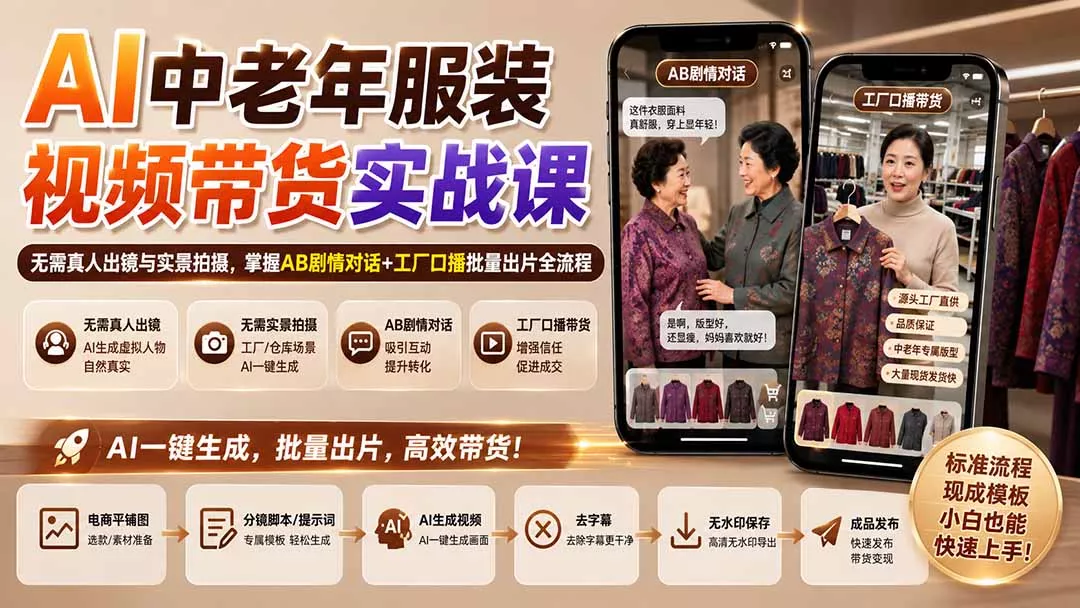 AI中老年服装视频带货实战课：无需真人出镜与实景拍摄，掌握AB剧情对话+工厂口播批量出片全流程 - 来及网络