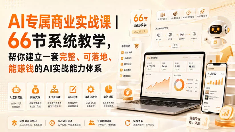 AI专属商业实战课｜66节系统教学，帮你建立一套完整、可落地、能賺钱的AI实战能力体系 - 来及网络
