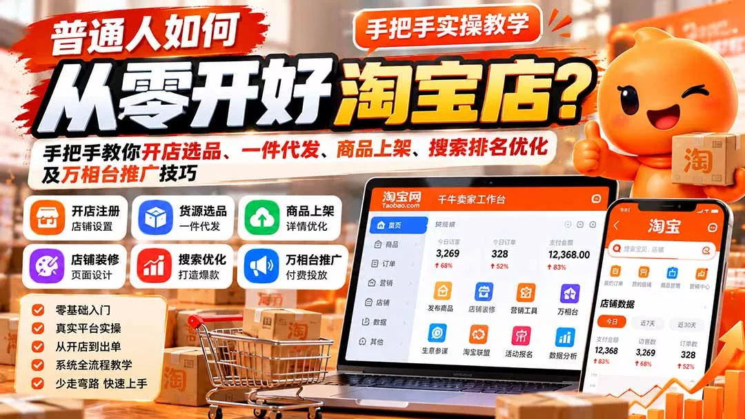 普通人如何从零开好淘宝店？手把手教你开店选品、一件代发、商品上架、搜索排名优化及万相台推广技巧 - 来及网络