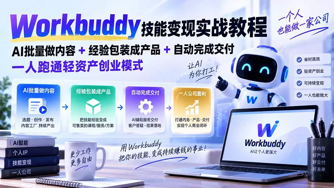 Workbuddy技能变现实战教程：AI批量做内容+经验包装成产品+自动完成交付，一人跑通轻资产创业模式 - 来及网络
