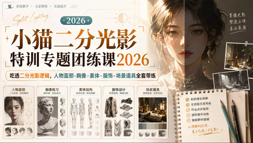 小猫二分光影特训专题团练课2026｜吃透二分光影逻辑，人物面部‑胸像‑素体‑服饰‑场景道具全套带练，高清画质附赠课件与笔刷 - 来及网络