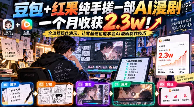 豆包+红果纯手搓一部AI漫剧一个月收获2.3w！全流程操作演示，让零基础也能学会AI漫剧制作技巧 - 来及网络
