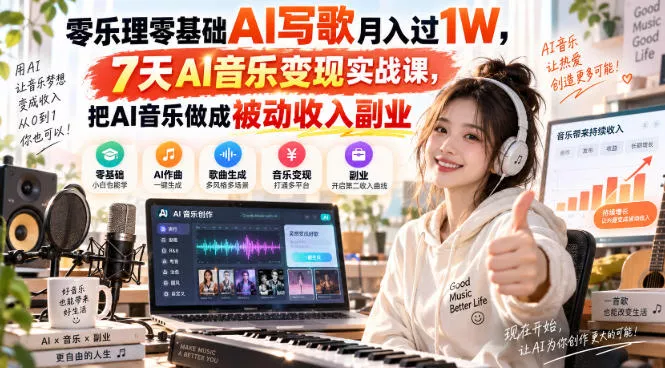零乐理零基础AI写歌月入过1W，7天AI音乐变现实战课，把AI音乐做成被动收入副业 - 来及网络