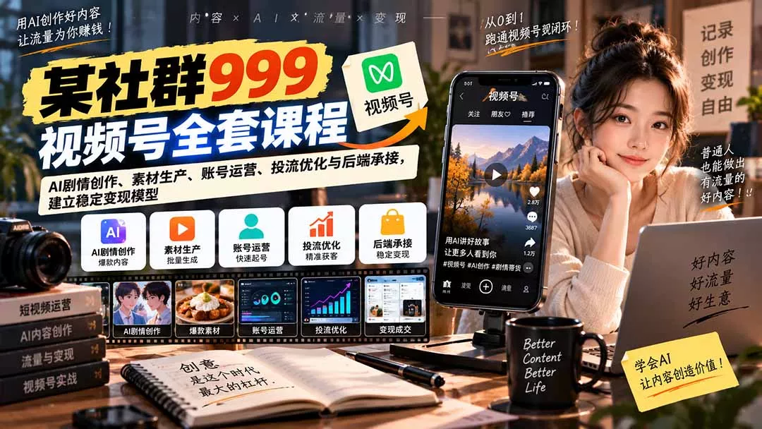 【无水印】某社群999视频号全套课程：AI剧情创作、素材生产、账号运营、投流优化与后端承接，建立稳定变现模型 - 来及网络