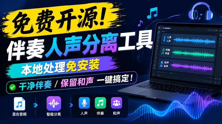 免费开源！伴奏人声分离工具，本地处理免安装，干净伴奏，保留和声一键搞定！ - 来及网络