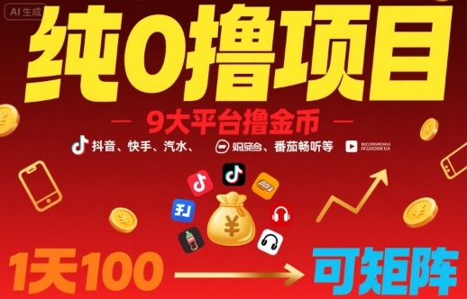 纯0撸项目，9大平台撸金币，抖音，快手，汽水，番茄畅听等，1天100，可矩阵 - 来及网络