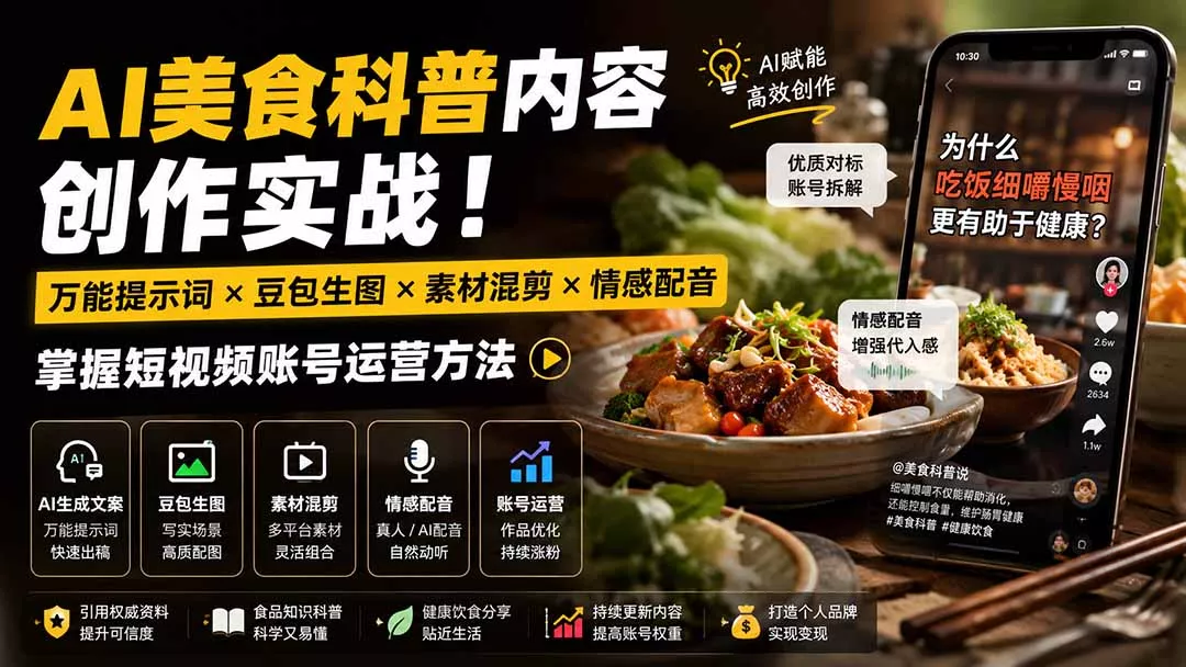外面卖199元-AI美食科普内容创作实战！万能提示词×豆包生图×素材混剪×情感配音，掌握短视频账号运营方法 - 来及网络