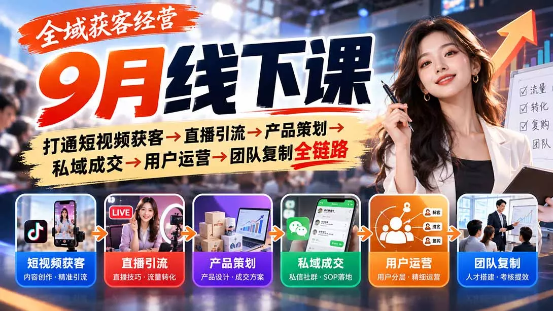 全域获客经营9月线下课：打通短视频获客→直播引流→产品策划→私域成交→用户运营→团队复制全链路 - 来及网络