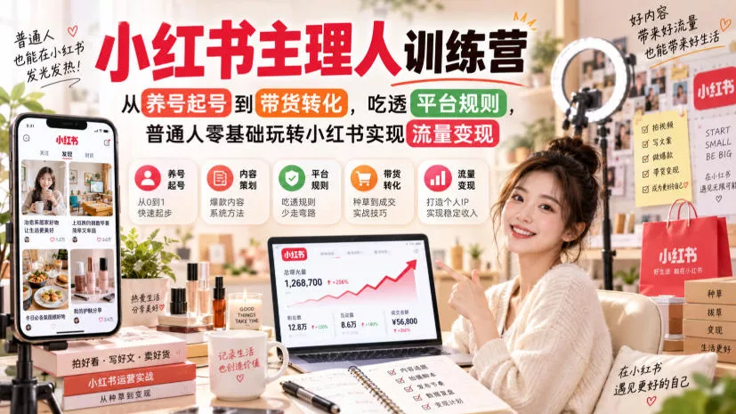 小红书主理人训练营，从养号起号到带货转化，吃透平台规则，普通人零基础玩转小红书实现流量变现 - 来及网络