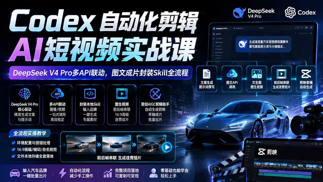 Codex自动化剪辑AI短视频实战课｜DeepSeek V4 Pro多API联动，图文成片封装Skill全流程 - 来及网络