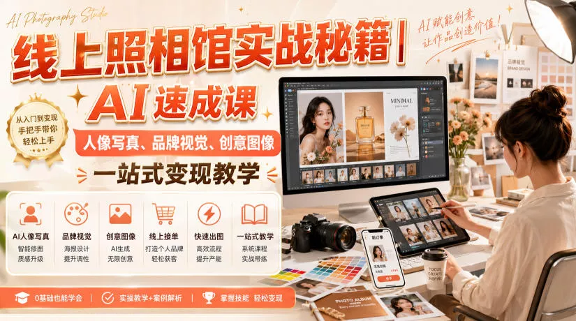线上照相馆实战秘籍｜AI速成课，人像写真、品牌视觉、创意图像一站式变现教学 - 来及网络