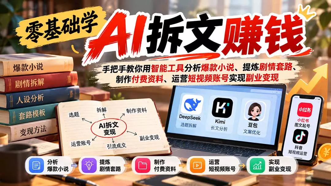 零基础学AI拆文赚钱：手把手教你用智能工具分析爆款小说、提炼剧情套路、制作付费资料、运营短视频账号实现副业变现 - 来及网络