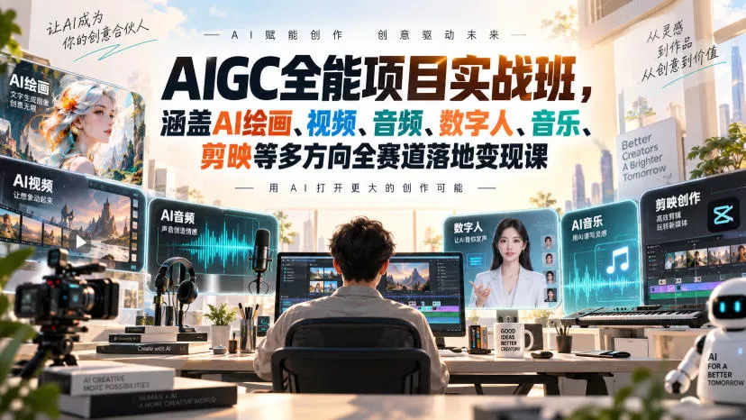 AIGC全能项目实战班，涵盖AI绘画、视频、音频、数字人、音乐、剪映等多方向全赛道落地变现课 - 来及网络