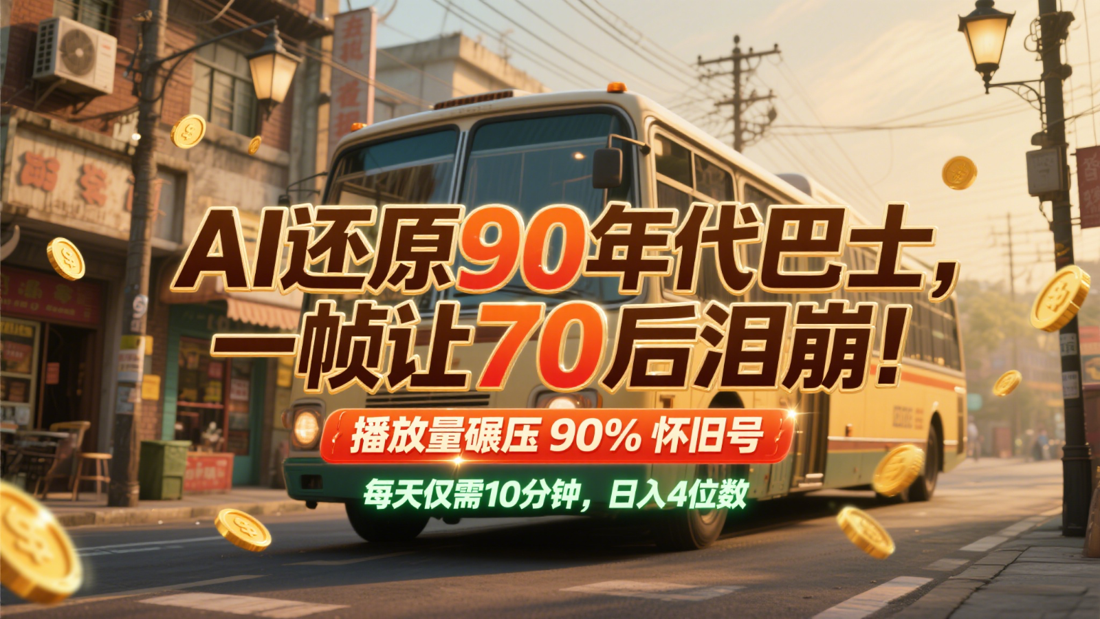 AI还原90年代巴士，一帧让70后泪崩！播放量碾压90%怀旧号，每天10分钟，日入4位数 - 来及网络