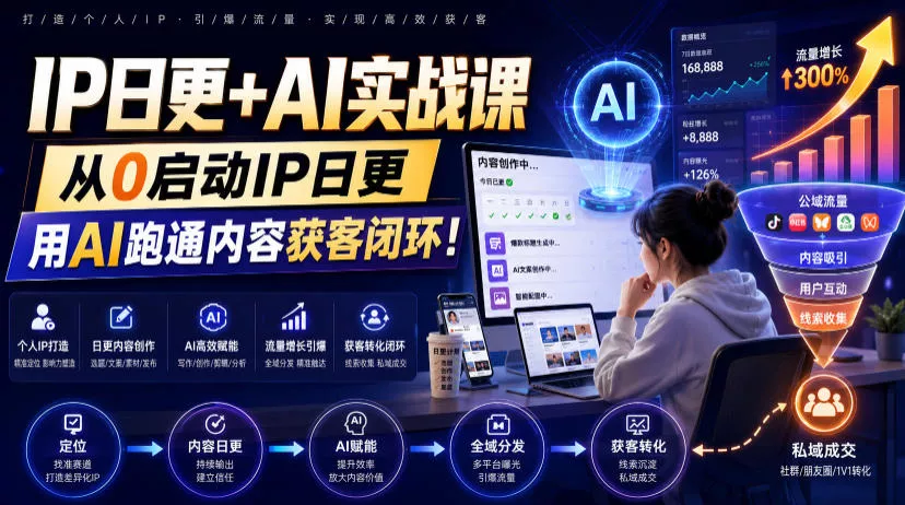 IP日更+AI实战课，从0启动IP日更，IP置顶视频制作+100条选题库搭建+10条日更规划，用AI跑通内容获客闭环! - 来及网络