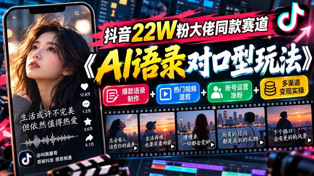 抖音22W粉大佬同款赛道《AI语录对口型玩法》：爆款语录制作+热门视频混剪+账号运营涨粉+多渠道变现实操 - 来及网络