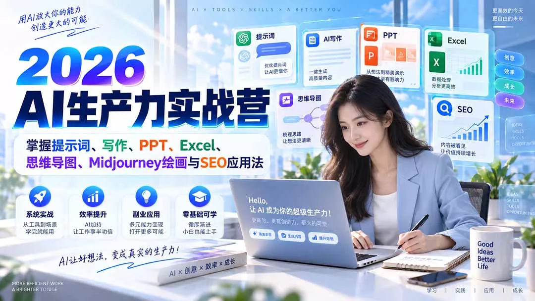 2026AI生产力实战营：掌握提示词、写作、PPT、Excel、思维导图、Midjourney绘画与SEO应用法 - 来及网络