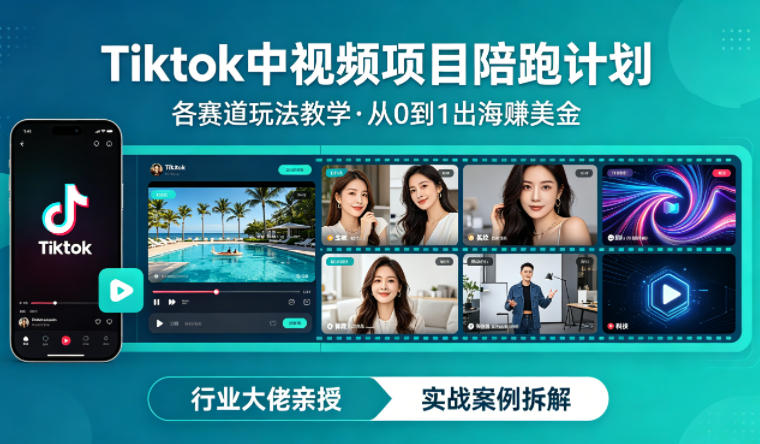 某大佬的Tiktok中视频项目陪跑，涵盖TK各个赛道玩法教学，从0到1出海賺美金 - 来及网络
