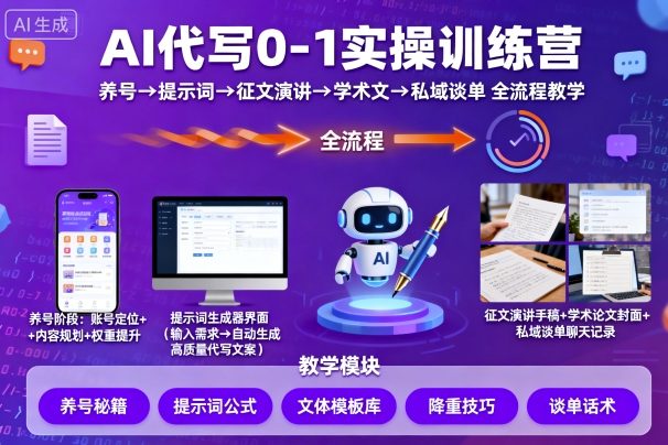 AI代写0-1实操训练营，从养号、提示词、征文演讲、学术文，到私域谈单的全流程教学 - 来及网络