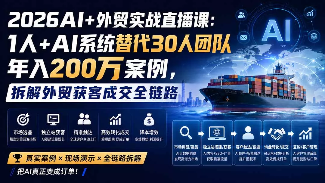2026AI+外贸实战直播课：1人+AI系统替代30人团队年入200万案例，拆解外贸获客成交全链路 - 来及网络
