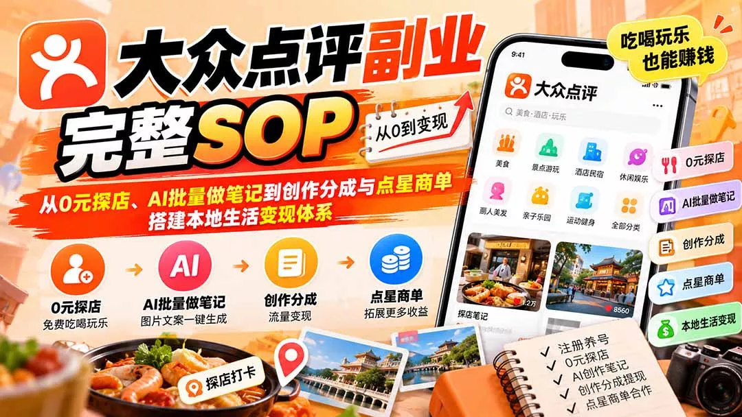 【无水印】大众点评副业完整SOP：从0元探店、AI批量做笔记到创作分成与点星商单，搭建本地生活变现体系 - 来及网络